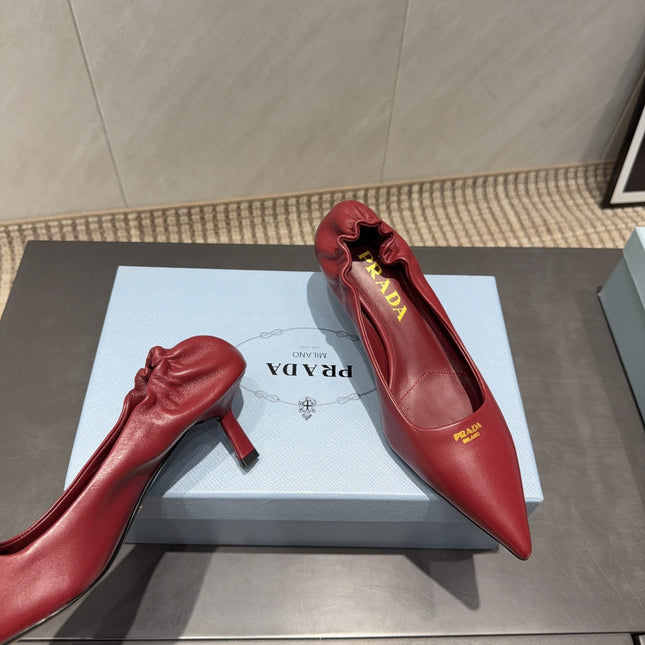 PRADA 26S POINTED TOE PUMPS 55MM IN DEEP WINE RED SHEEPSKIN WITH LOGO