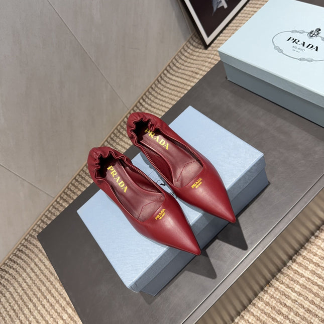 PRADA 26S POINTED TOE PUMPS 55MM IN DEEP WINE RED SHEEPSKIN WITH LOGO