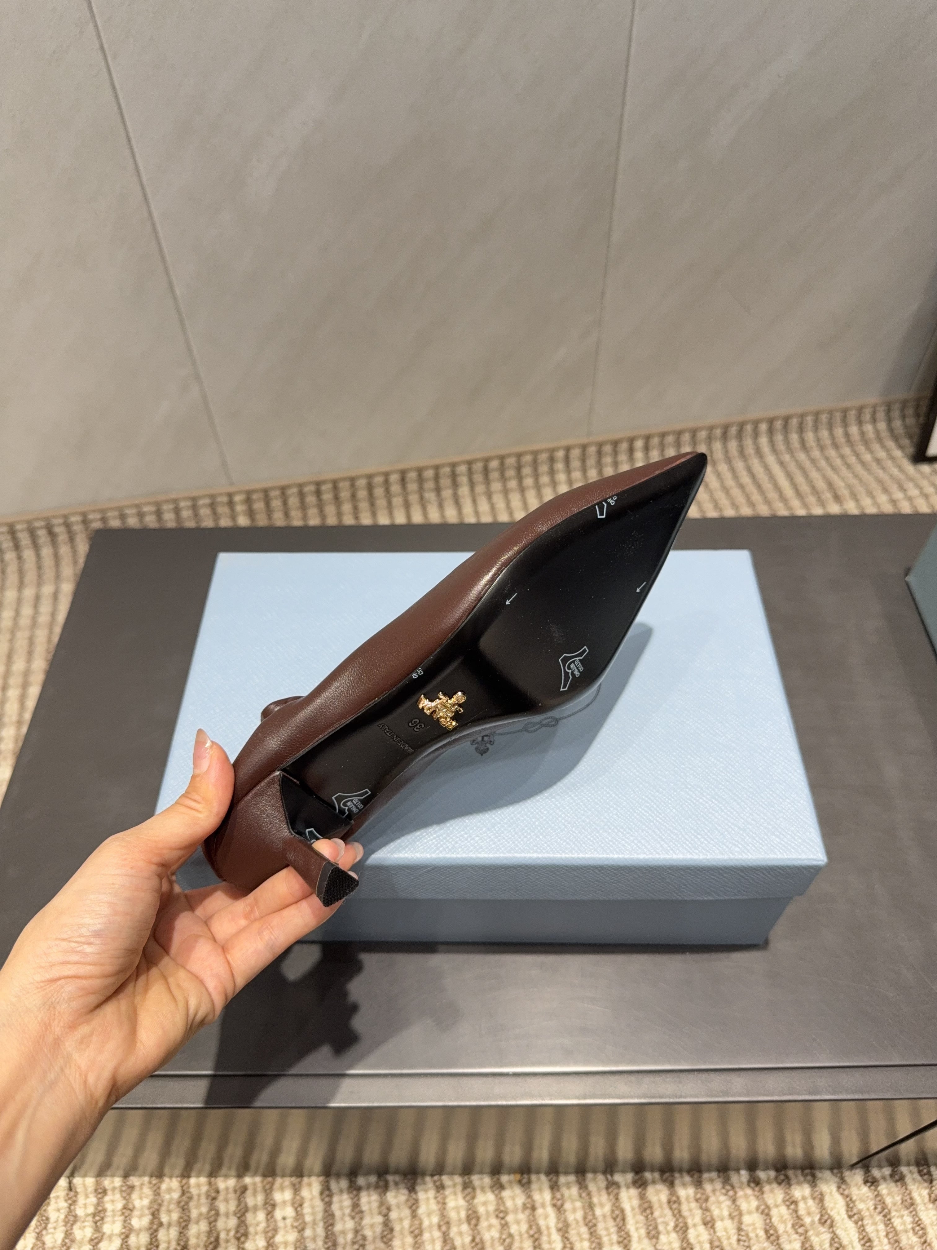 PRADA 26S POINTED TOE PUMPS 55MM IN CHOCOLATE BROWN SHEEPSKIN