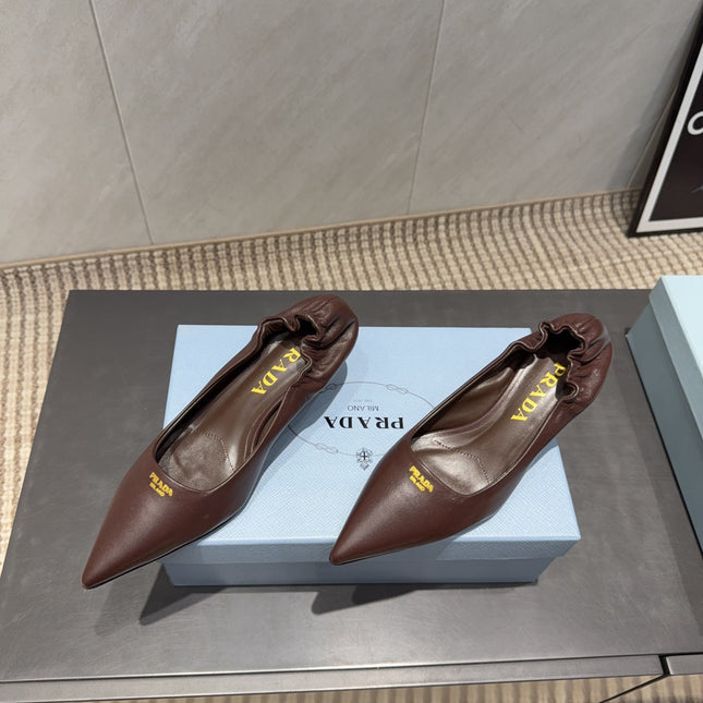 PRADA 26S POINTED TOE PUMPS 55MM IN CHOCOLATE BROWN SHEEPSKIN