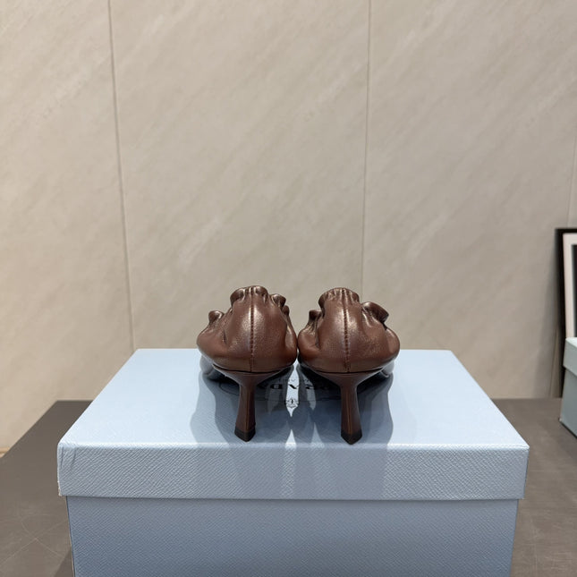 PRADA 26S POINTED TOE PUMPS 55MM IN DARK BROWN SHEEPSKIN WITH LOGO