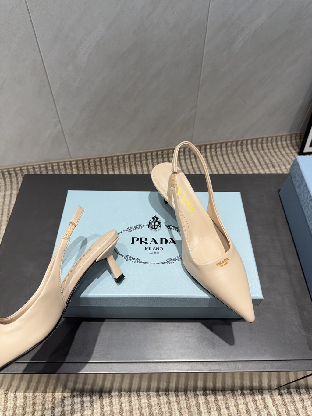 PRADA 26S POINTED TOE SLINGBACK HIGH HEELS 55MM IN NUDE SHEEPSKIN