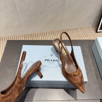 PRADA 26S POINTED TOE SLINGBACK HIGH HEELS 55MM IN BROWN SUEDE