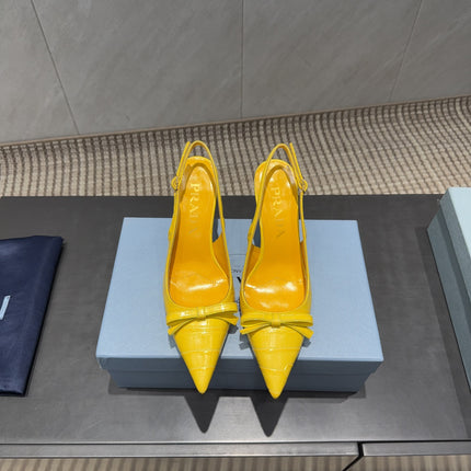 PRADA 26S POINTED TOE SLINGBACK HIGH HEELS 85MM IN BRIGHT YELLOW CALFSKIN WITH BOW