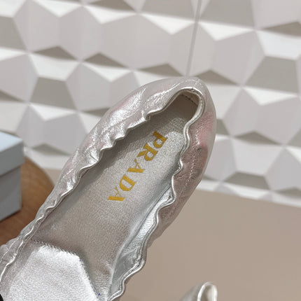 PRADA 26S ROUND TOE FLATS WITH BOW IN SILVER CALFSKIN