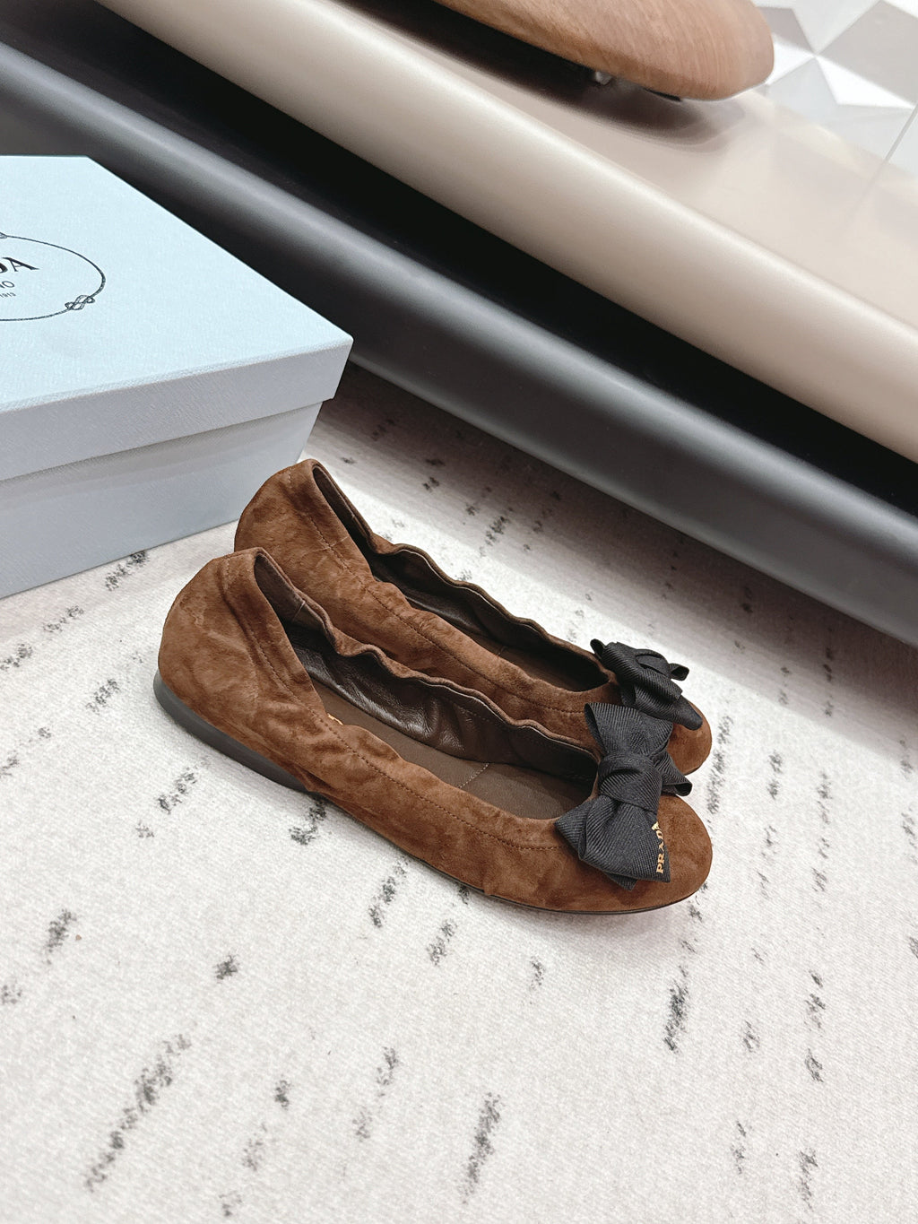 PRADA 26S ROUND TOE FLATS WITH BOW IN DARK BROWN SUEDE