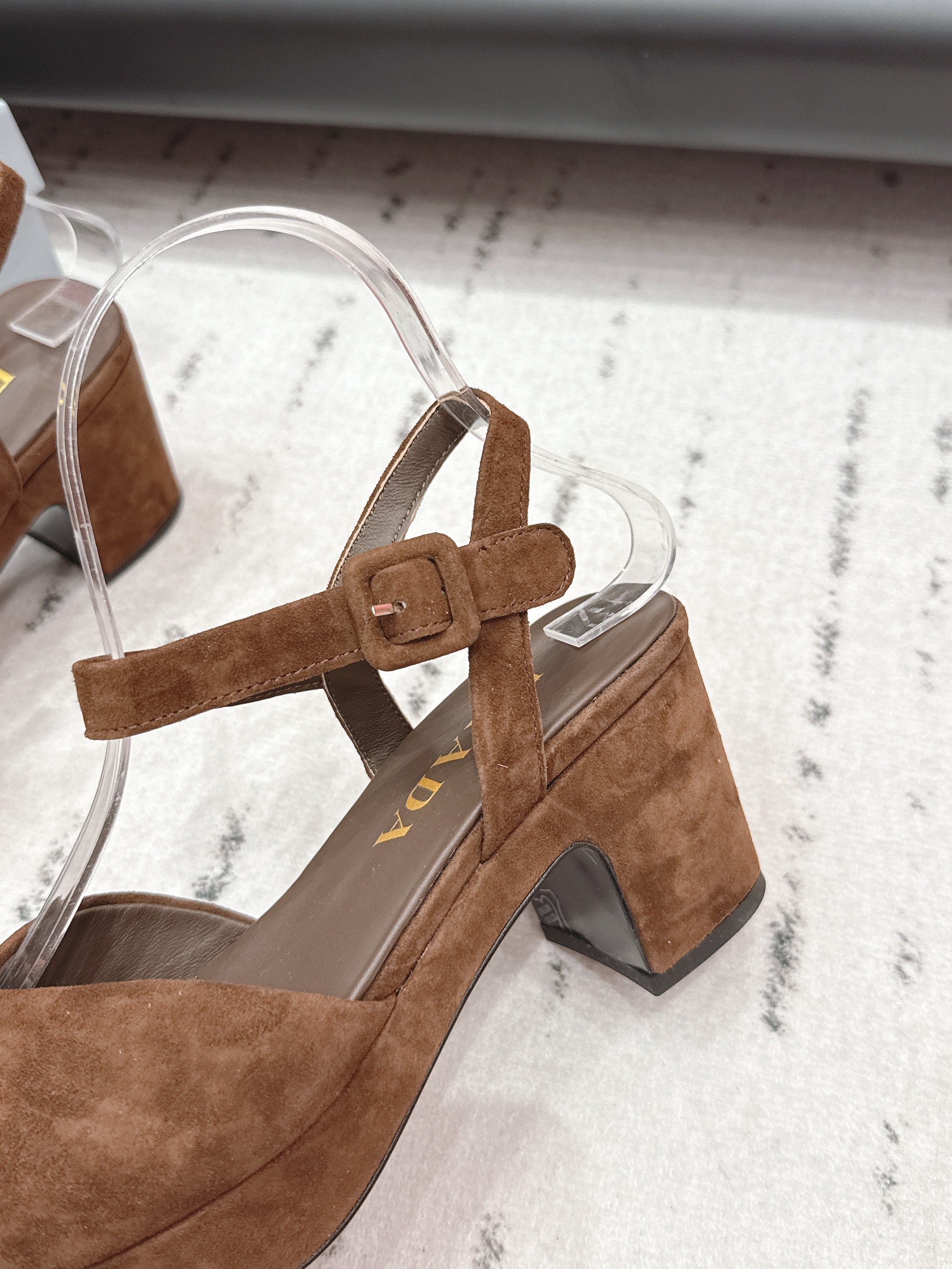 PRADA 26S HEELED SANDALS 75MM IN CARAMEL BROWN SUEDE WITH LOGO