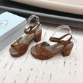PRADA 26S HEELED SANDALS 75MM IN CARAMEL BROWN SUEDE WITH LOGO