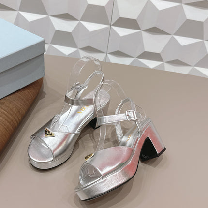 PRADA 26S HEELED SANDALS 75MM IN SILVER CALFSKIN WITH LOGO
