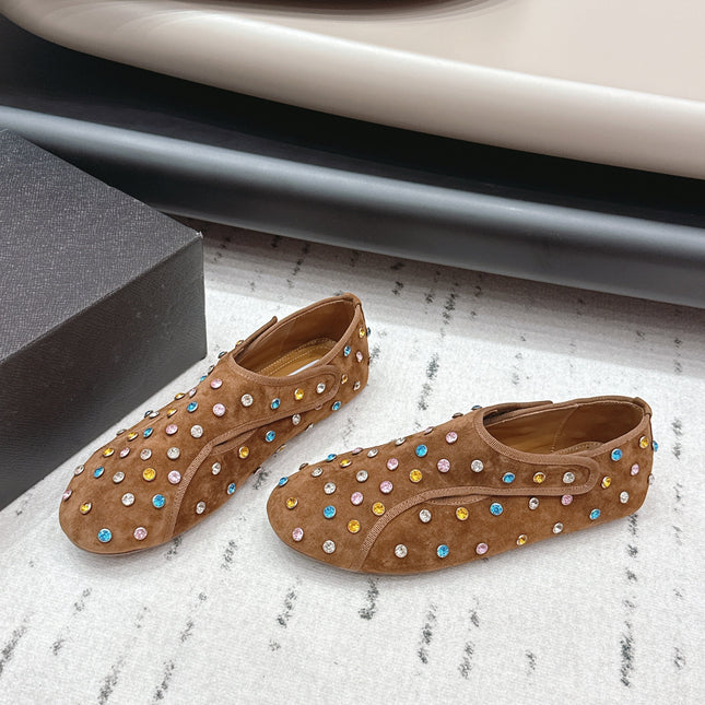 ALAIA 26S EMBELLISHED FLATS IN LIGHT BROWN SUEDE