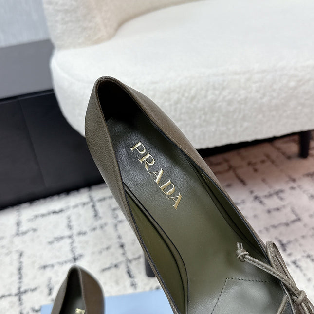PRADA 26S POINTED-TOE HIGH HEELS 75MM IN OLIVE BROWN CALFSKIN