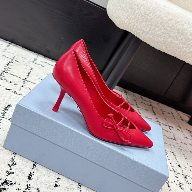 PRADA 26S POINTED-TOE HIGH HEELS 75MM IN DARK RED CALFSKIN