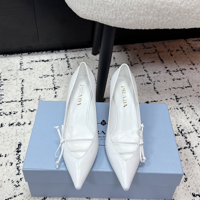 PRADA 26S POINTED-TOE HIGH HEELS 75MM IN WHITE CALFSKIN
