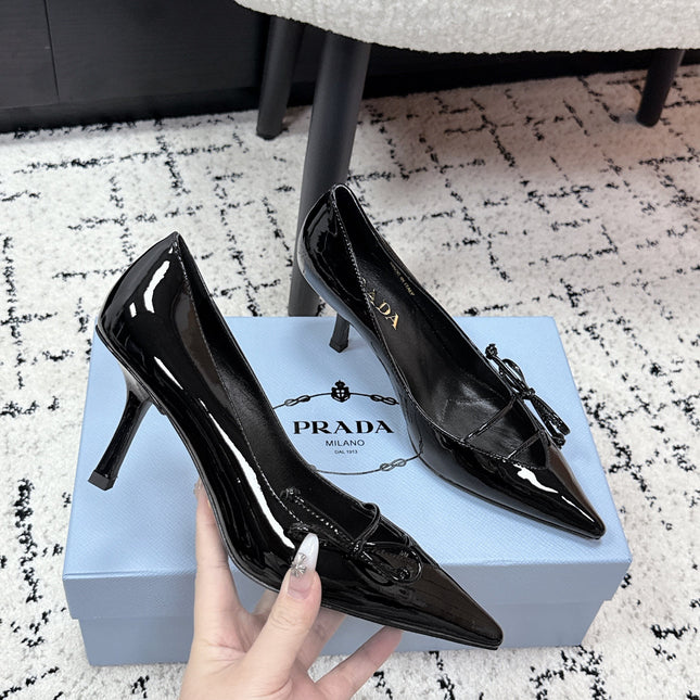 PRADA 26S POINTED-TOE HIGH HEELS 75MM IN BLACK PATENT CALFSKIN