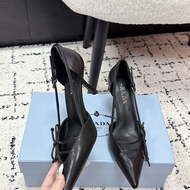 PRADA 26S POINTED-TOE HIGH HEELS 75MM IN BLACK CALFSKIN WITH BOW
