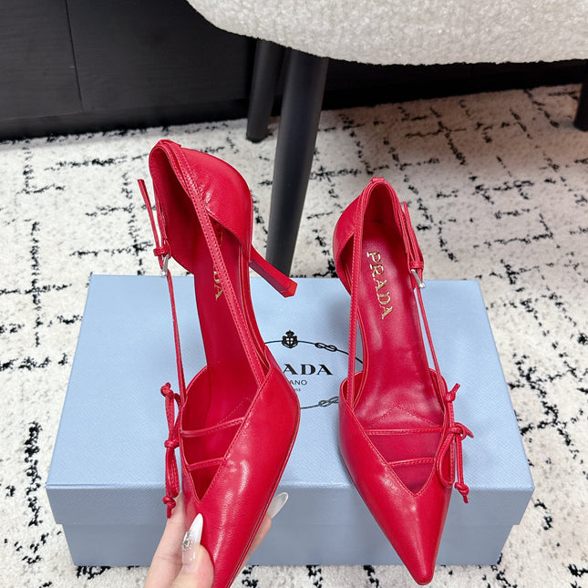PRADA 26S POINTED-TOE HIGH HEELS 75MM IN DARK RED PATENT CALFSKIN WITH BOW