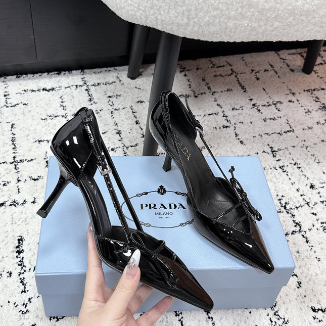 PRADA 26S POINTED-TOE HIGH HEELS 75MM IN BLACK PATENT CALFSKIN WITH BOW