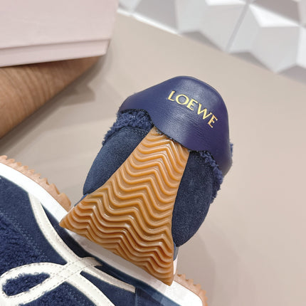 LOEWE 26S FLOW RUNNER SNEAKER IN NAVY BLUE SUEDE AND TEDDY FABRIC AND CALFSKIN