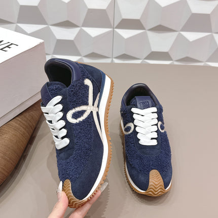 LOEWE 26S FLOW RUNNER SNEAKER IN NAVY BLUE SUEDE AND TEDDY FABRIC AND CALFSKIN