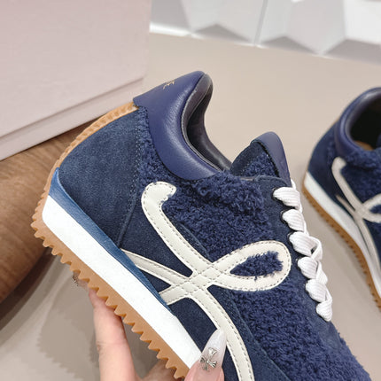 LOEWE 26S FLOW RUNNER SNEAKER IN NAVY BLUE SUEDE AND TEDDY FABRIC AND CALFSKIN