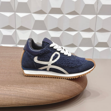 LOEWE 26S FLOW RUNNER SNEAKER IN NAVY BLUE SUEDE AND TEDDY FABRIC AND CALFSKIN
