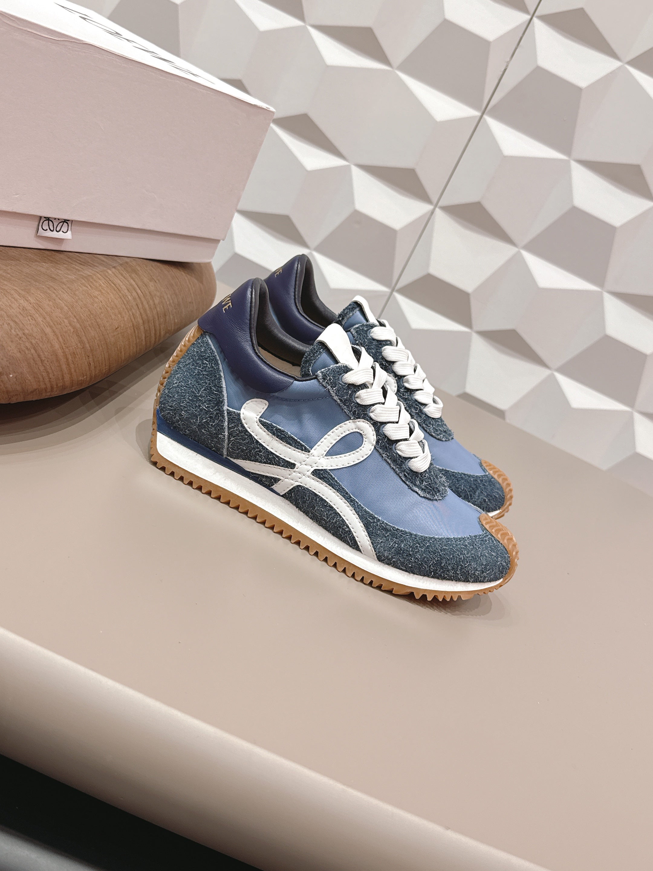 LOEWE 26S FLOW RUNNER SNEAKER IN SLATE BLUE SUEDE AND NAVY BLUE CALFSKIN