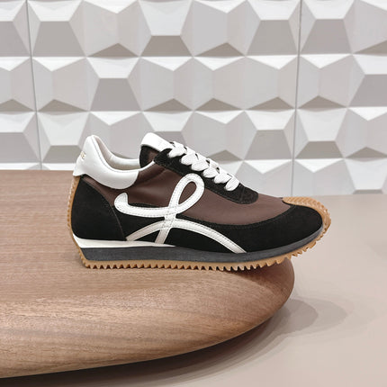 LOEWE 26S FLOW RUNNER SNEAKER IN BLACK AND DARK BROWN SUEDE AND WHITE CALFSKIN