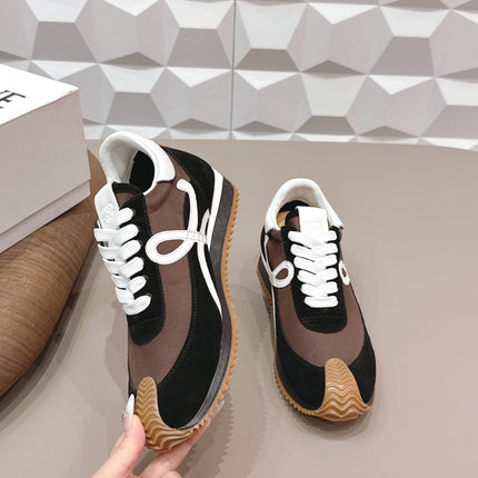 LOEWE 26S FLOW RUNNER SNEAKER IN BLACK AND DARK BROWN SUEDE AND WHITE CALFSKIN