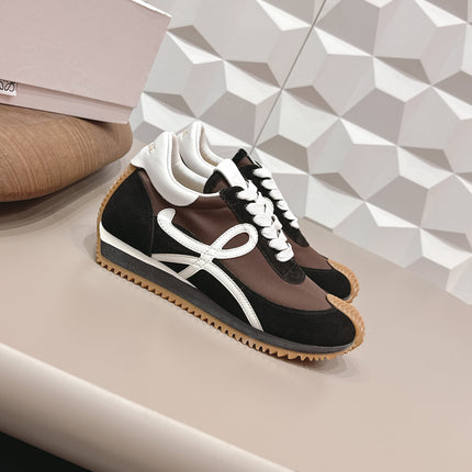 LOEWE 26S FLOW RUNNER SNEAKER IN BLACK AND DARK BROWN SUEDE AND WHITE CALFSKIN