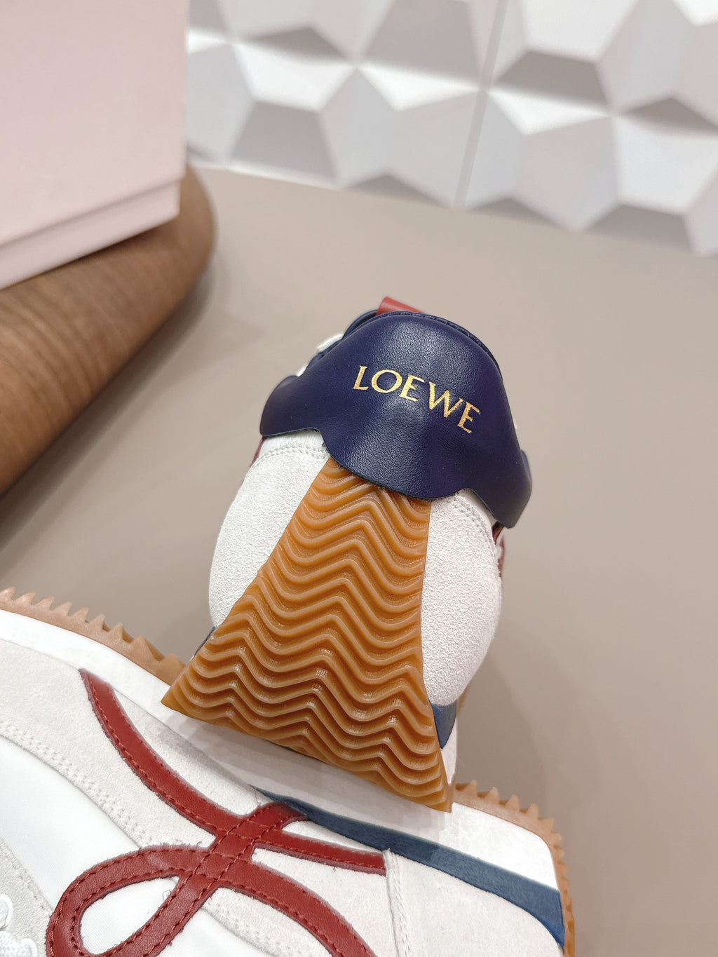 LOEWE 26S FLOW RUNNER SNEAKER IN LIGHT GRAY SUEDE AND NAVY BLUE AND RED CALFSKIN