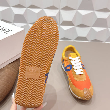 LOEWE 26S FLOW RUNNER SNEAKER IN CARAMEL BROWN SUEDE AND GOLDEN YELLOW CALFSKIN
