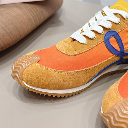 LOEWE 26S FLOW RUNNER SNEAKER IN CARAMEL BROWN SUEDE AND GOLDEN YELLOW CALFSKIN