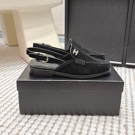 CHANEL 26S SLINGBACK LOAFERS IN BLACK SUEDE