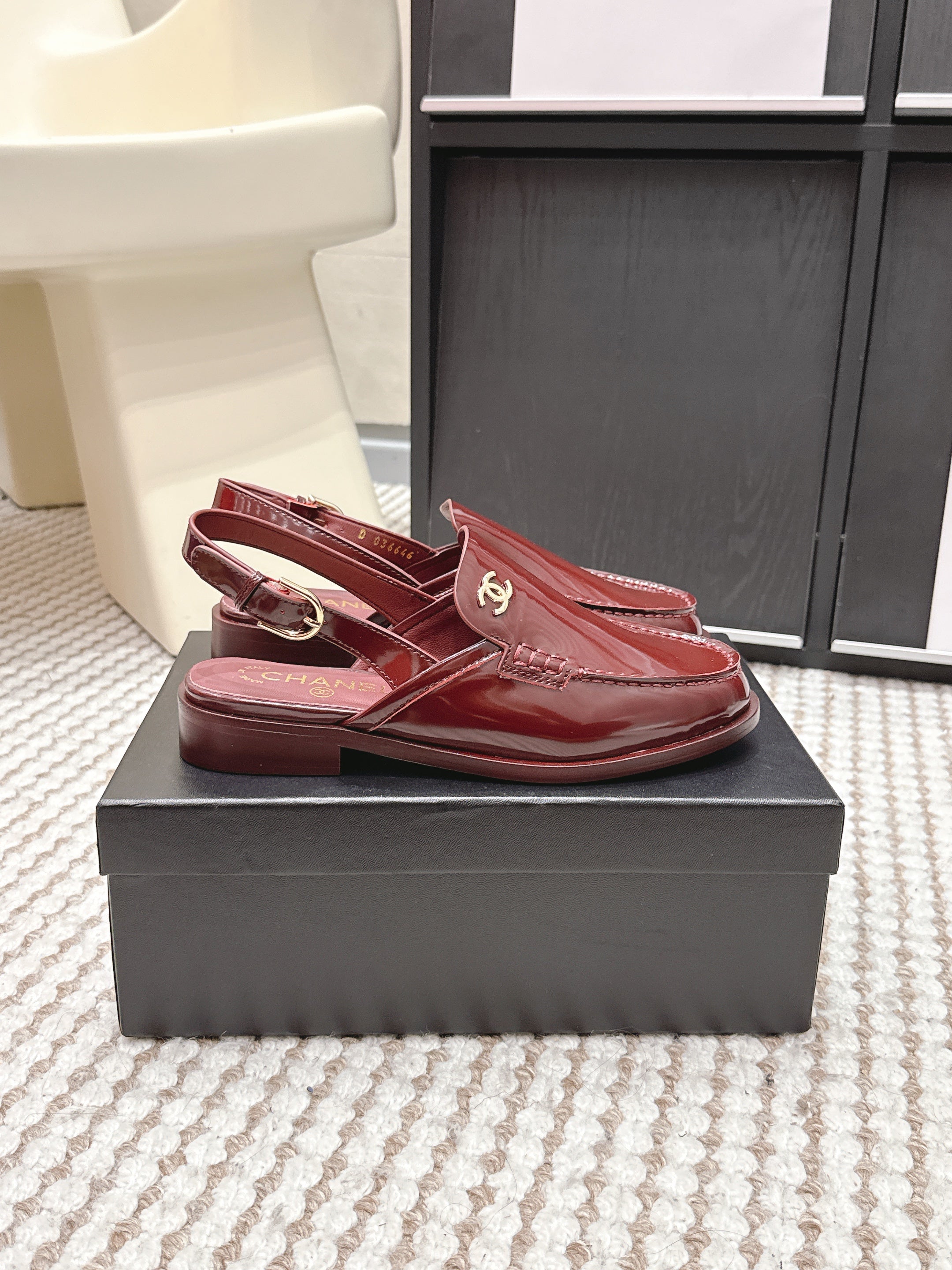CHANEL 26S SLINGBACK LOAFERS IN DARK RED GLOSSY CALFSKIN