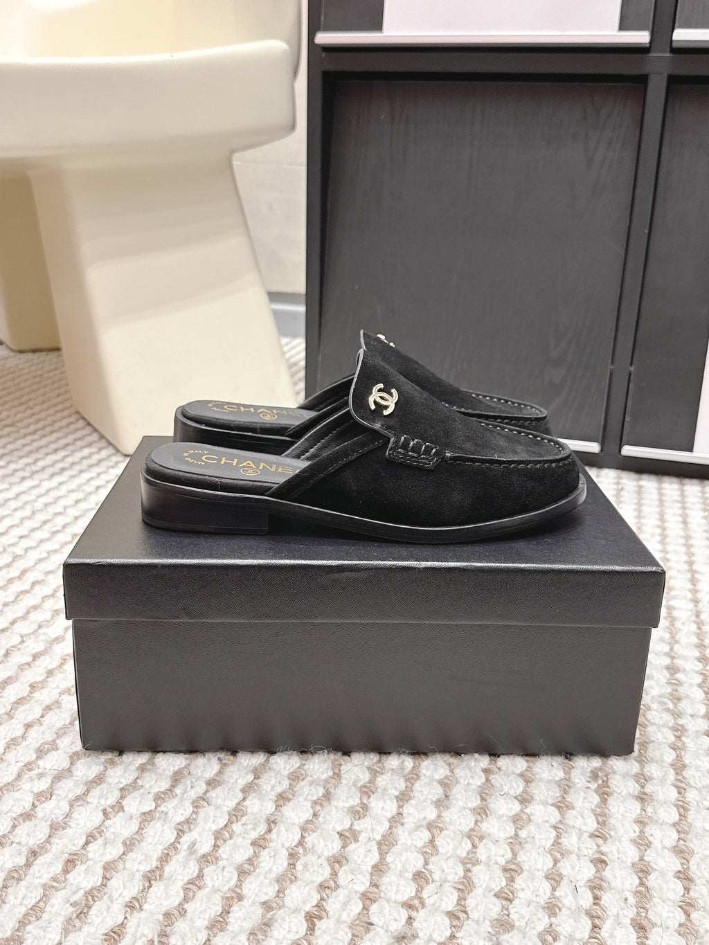 CHANEL 26S LOAFER MULES IN BLACK SUEDE