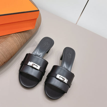 HM 26S KELLY HEEL SANDAL 50MM IN BLACK CALFSKIN SILVER HARDWARE