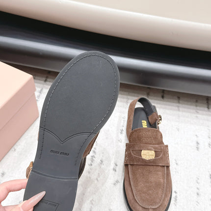 MIUMIU 26S PENNY SLINGBACK LOAFERS IN DARK BROWN SUEDE GOLD HARDWARE