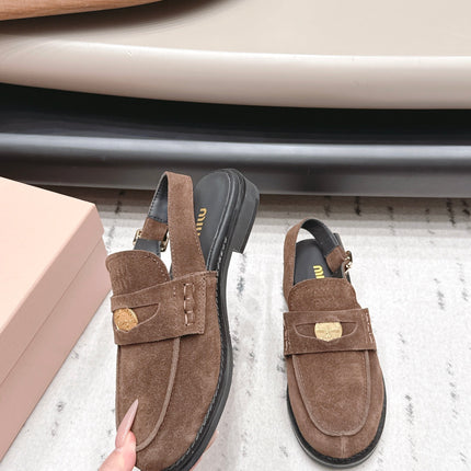 MIUMIU 26S PENNY SLINGBACK LOAFERS IN DARK BROWN SUEDE GOLD HARDWARE