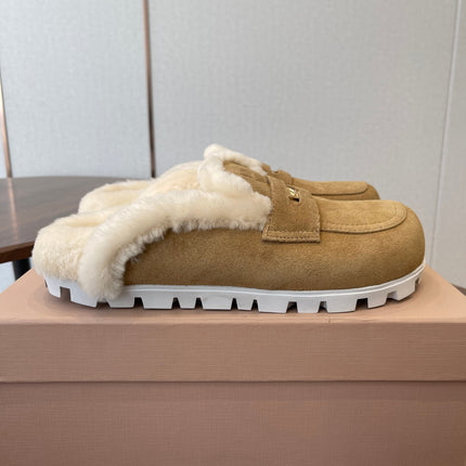 MIUMIU 25S MULES SLIPPERS SHEEPWOOL IN BROWN SUEDE