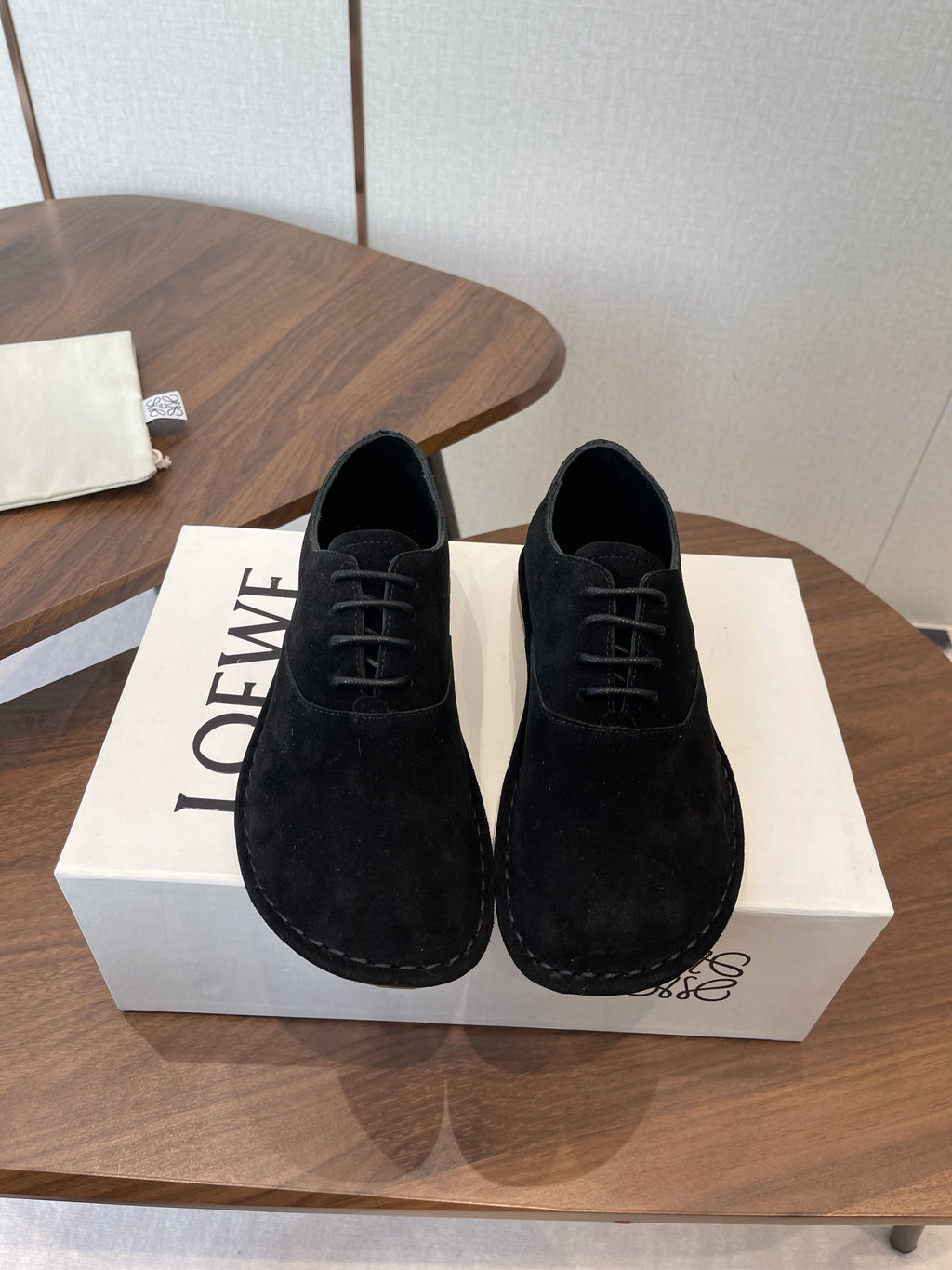 LOEWE 26S FOLIO DERBY SHOES IN BLACK SUEDE
