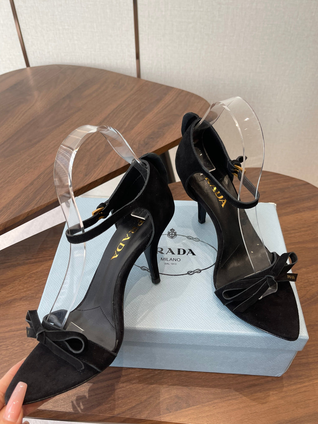 PRADA 26S HIGH HEEL SANDALS 85MM IN BLACK SUEDE WITH BOW