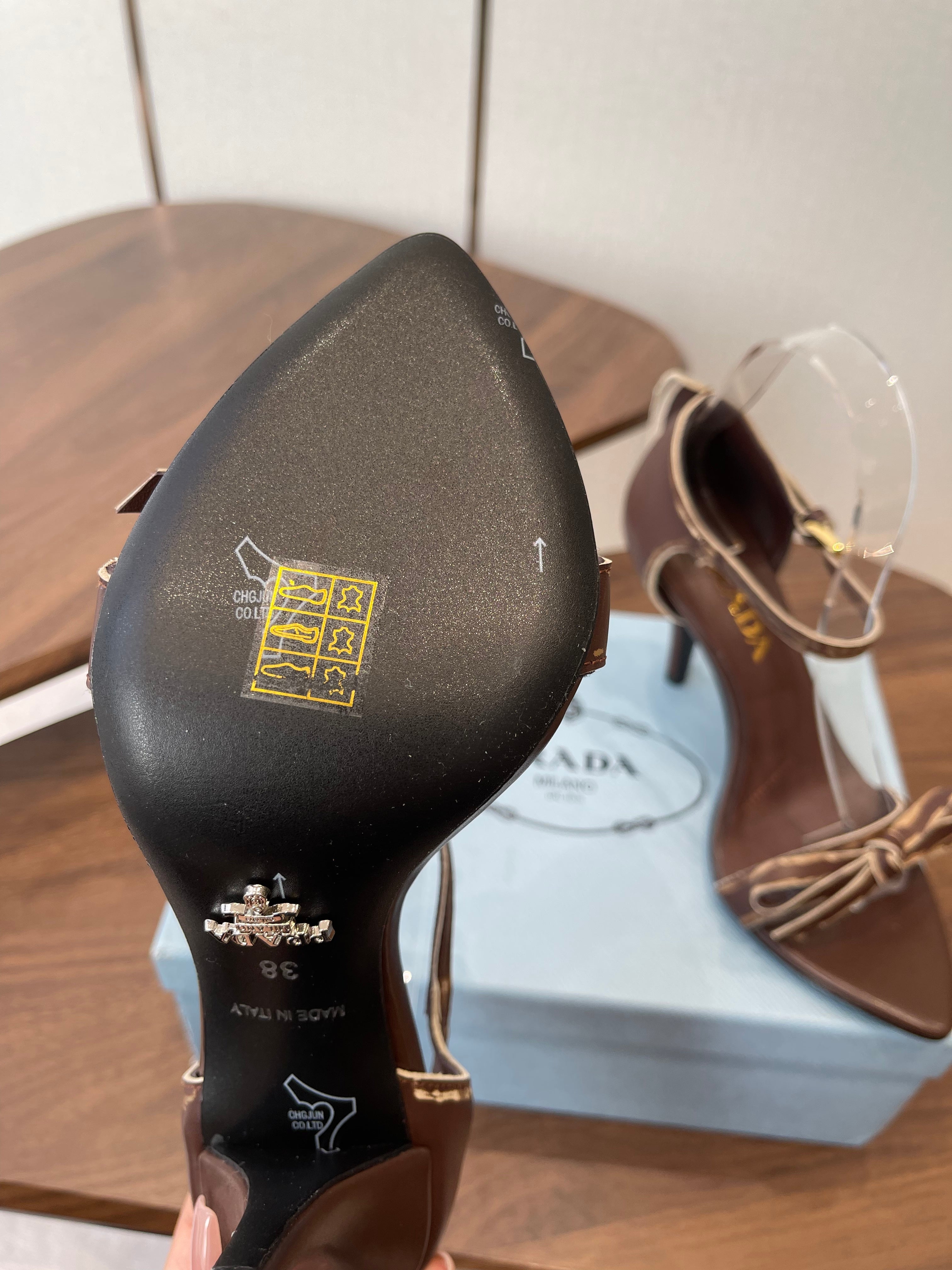 PRADA 26S HIGH HEEL SANDALS 85MM IN CHOCOLATE BROWN CALFSKIN WITH BOW