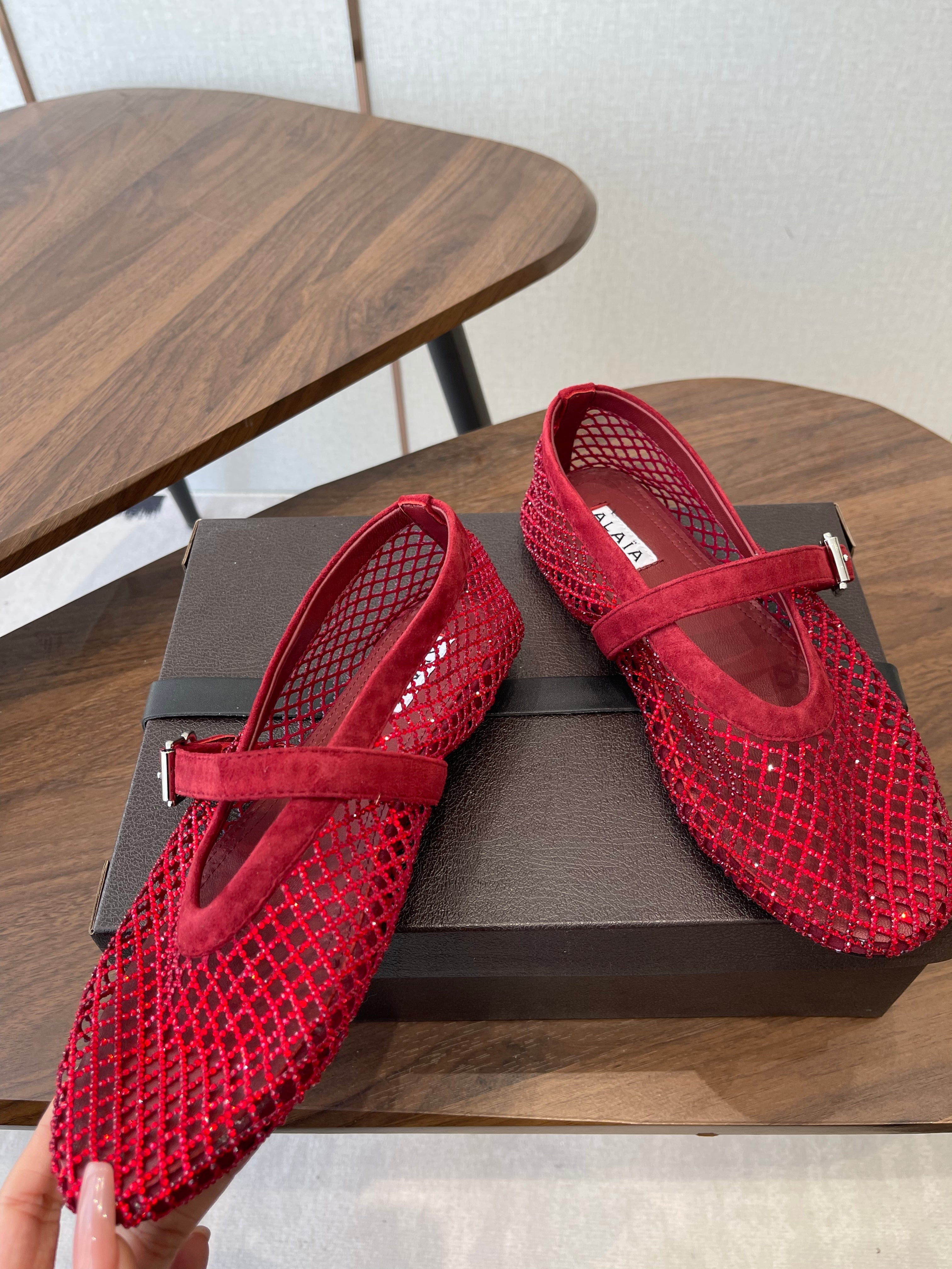 ALAIA 26S MESH FLATS IN DARK RED SUEDE RHINESTONE-EMBELLISHED