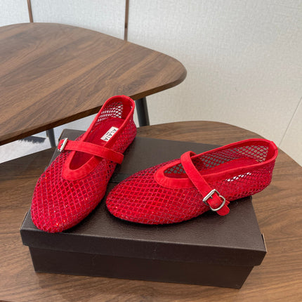 ALAIA 26S MESH FLATS IN RED SUEDE RHINESTONE-EMBELLISHED
