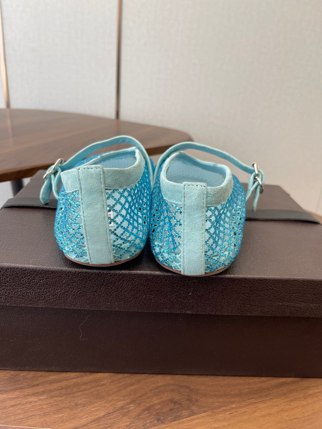 ALAIA 26S MESH FLATS IN BLUE SUEDE RHINESTONE-EMBELLISHED