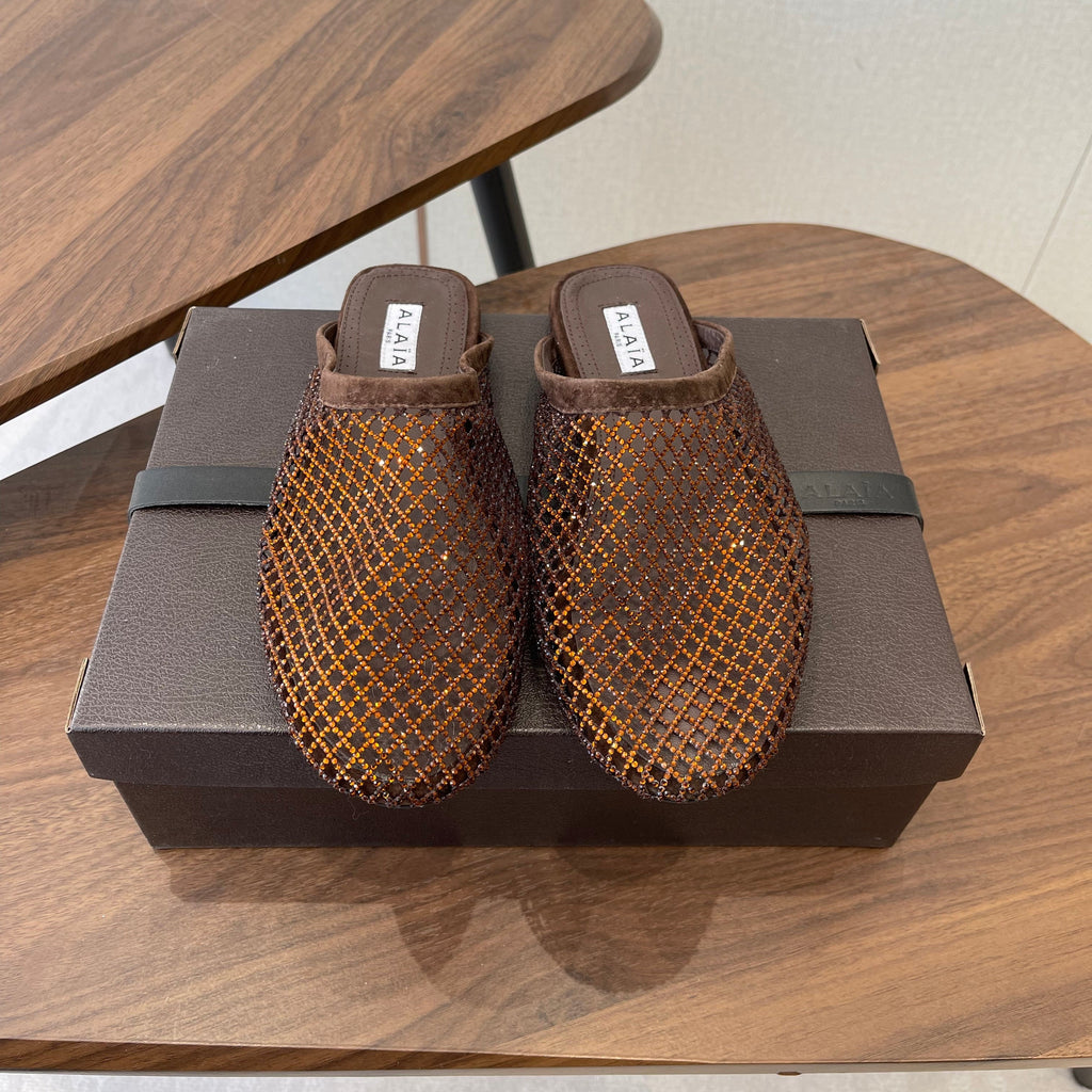 ALAIA 26S FLAT MULES IN DARK BROWN SUEDE AND MESH RHINESTONE-EMBELLISHED