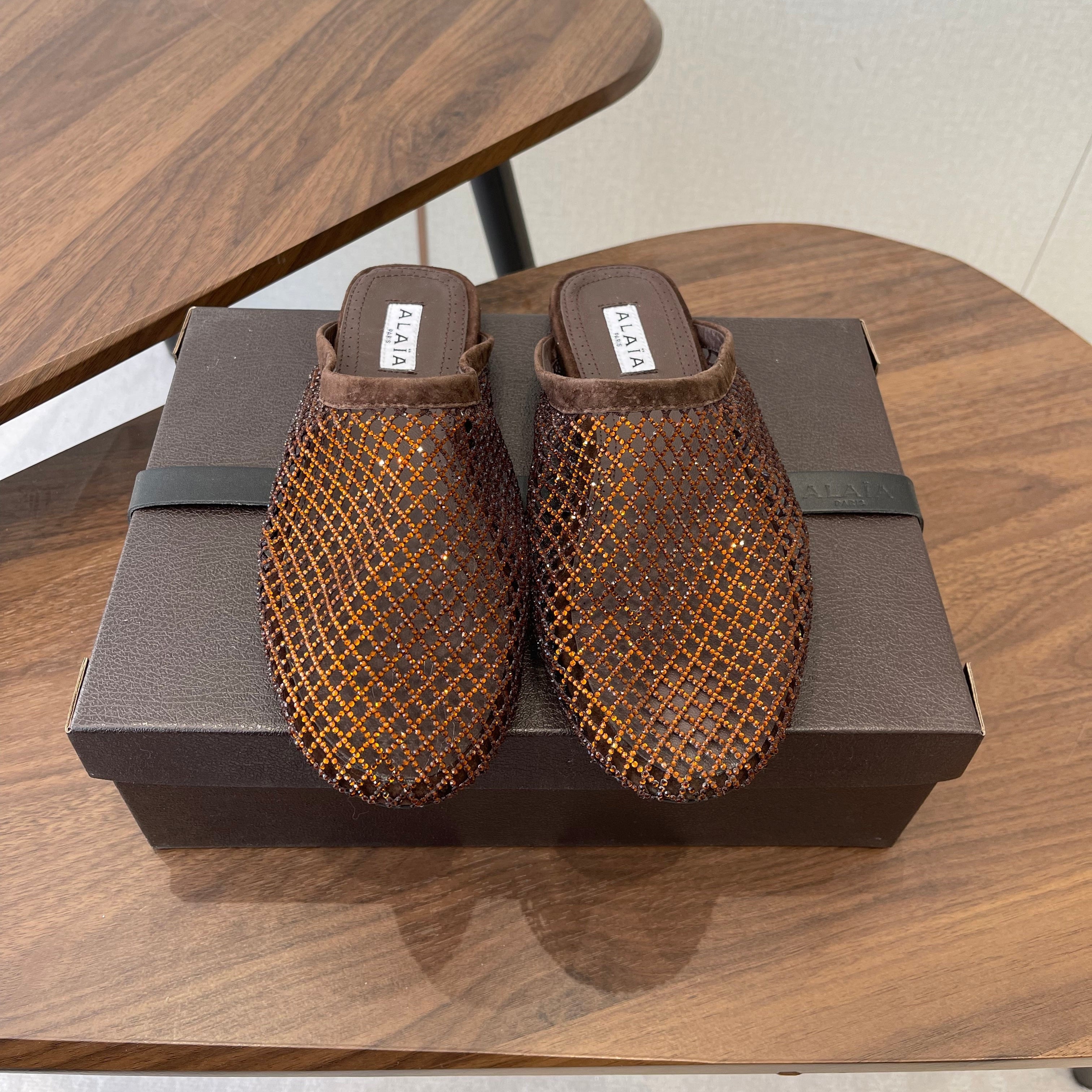 ALAIA 26S FLAT MULES IN DARK BROWN SUEDE AND MESH RHINESTONE-EMBELLISHED
