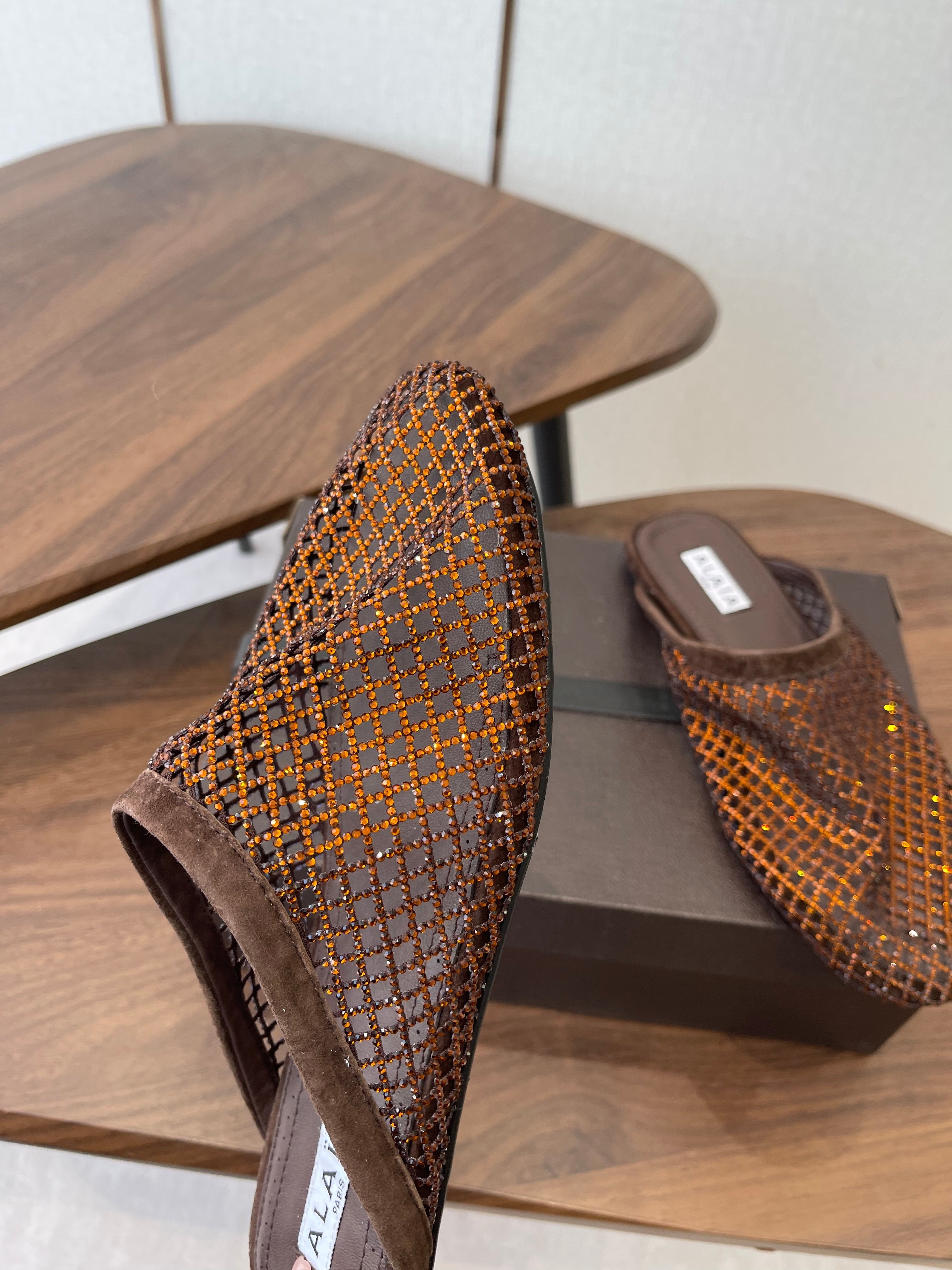 ALAIA 26S FLAT MULES IN DARK BROWN SUEDE AND MESH RHINESTONE-EMBELLISHED