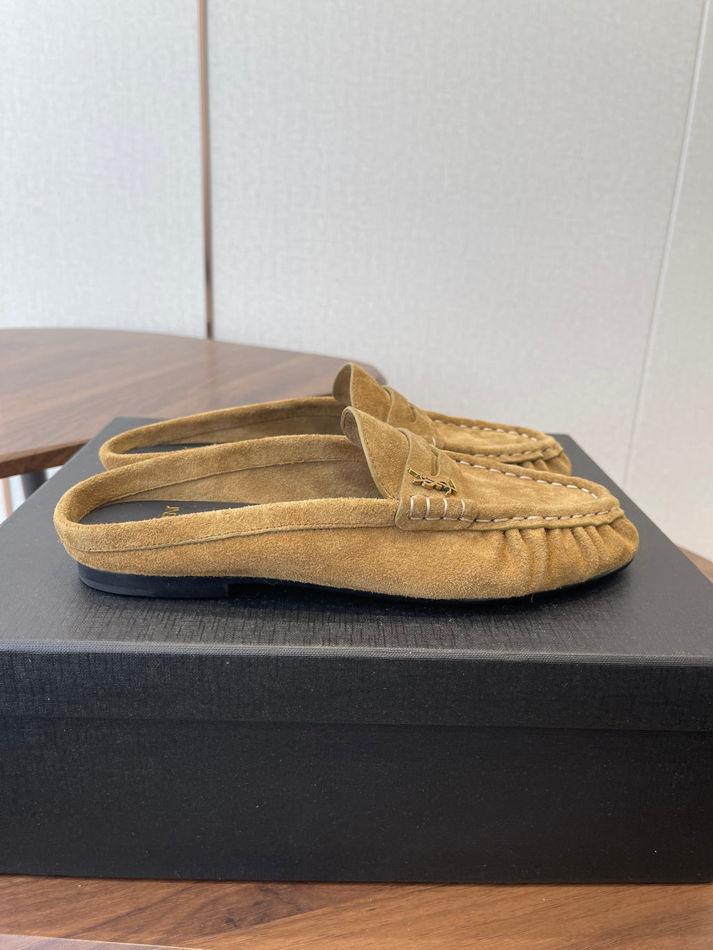 YSL 26S LOAFER MULES IN LIGHT BROWN SUEDE