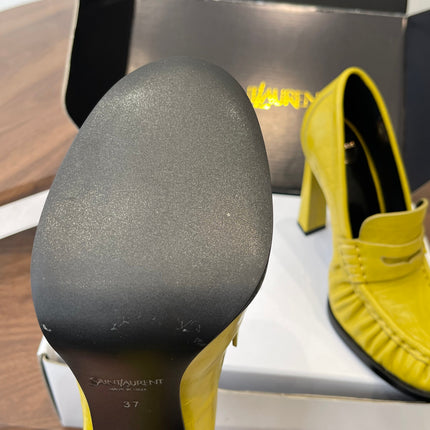 YSL 26S HEELED LOAFERS 100 MM IN YELLOW CALFSKIN